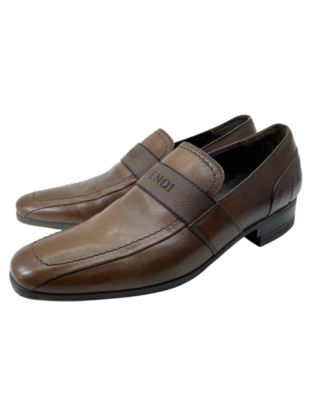 Fendi Loafers Logo Shoes Square Toe Leather Brown Daily